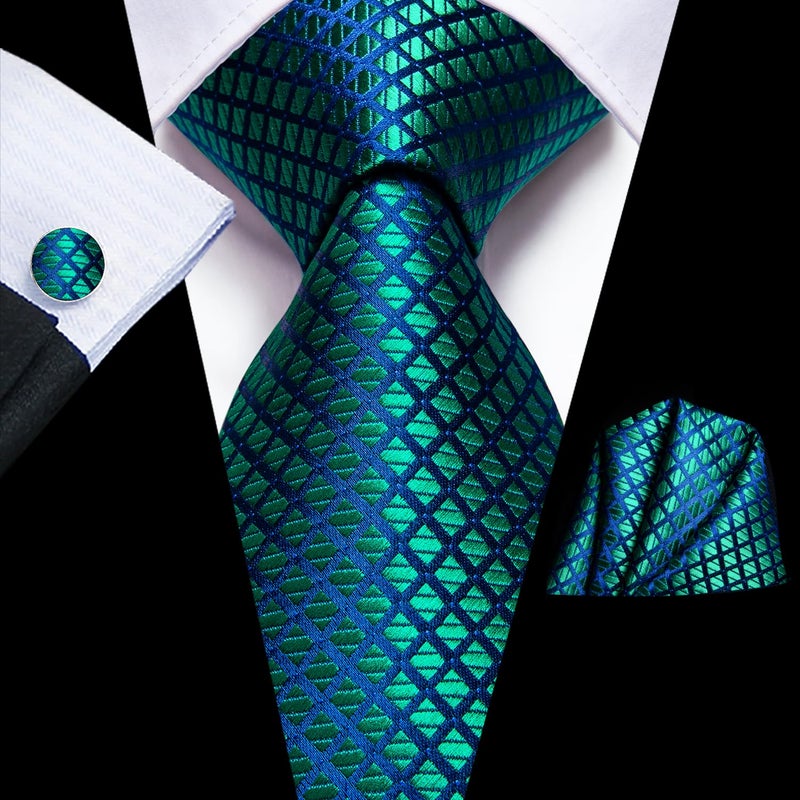 Dubulle Mens Blue Green Plaids Floral Silk Tie for Men Striped Necktie and Pocket Square Cufflinks Set Wedding Business - Image 5